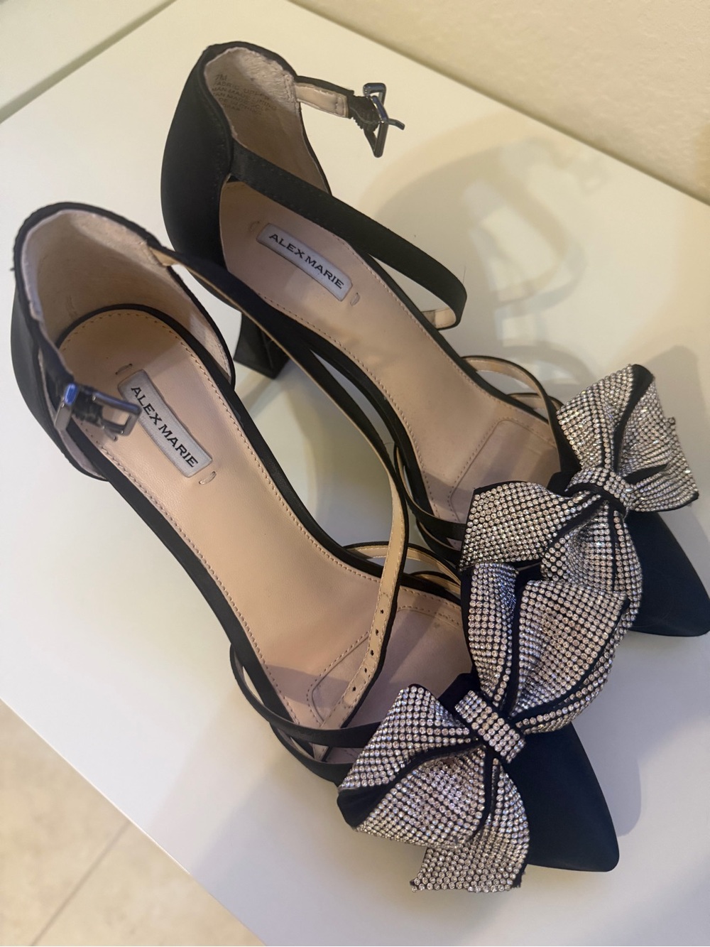 Alex Marie Black Satin Pointed Heels with Crystal-Embellished Bow